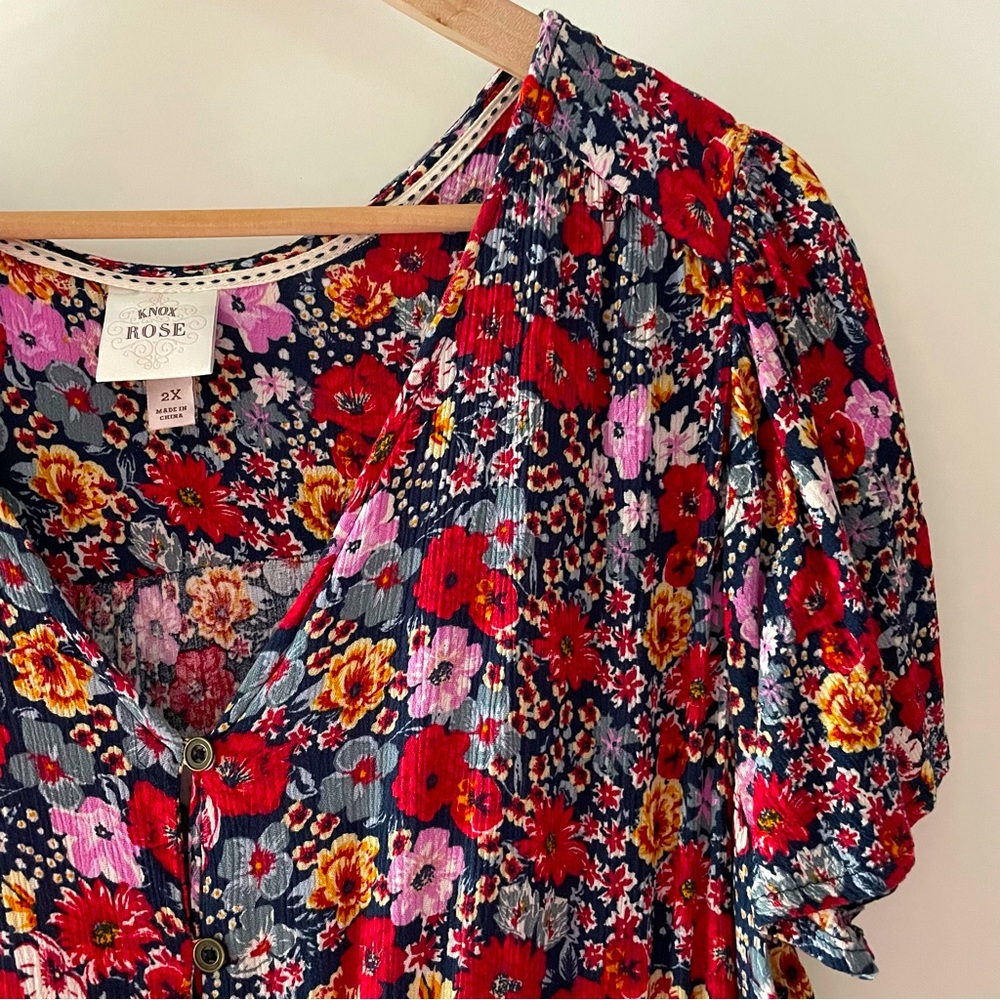 Knox Rose Multi-Colored Floral High-Low Maxi Dress Button Front Ruffe Size 2X - Picture 2 of 16